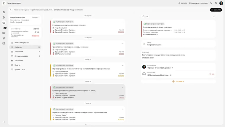 The Forge Construction Company Fund in the Russian-language 101 interface: a “Payment or advance in the Company Fund” entry for accounting and legal support, amount 95 000, with “Confirmed by partner” status