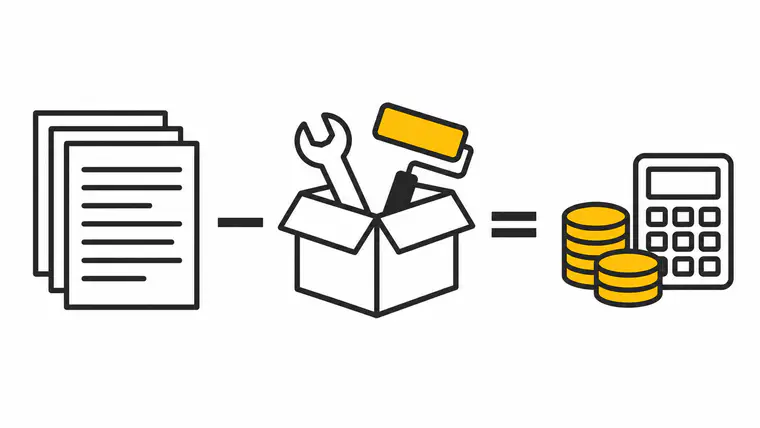 Esquema conceptual de la contribución a la cobertura de costes: documentos, costes variables y resultado con monedas y una calculadora