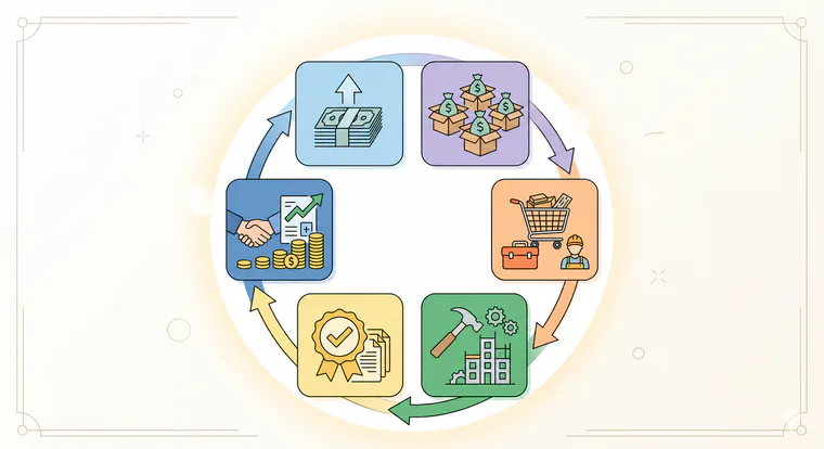Circular cash flow diagram showing receipts and allocation of funds, purchases, work, acceptance and collection of payment.