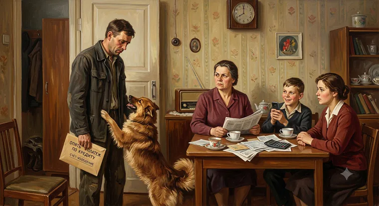 Personas en una mesa doméstica con papeles y una calculadora, un hombre con una hoja y un perro a su lado: ilustración de los riesgos personales del propietario de un negocio.
