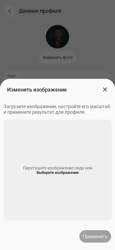 Редактор фотографии профиля 101 в браузере телефона до выбора изображения
