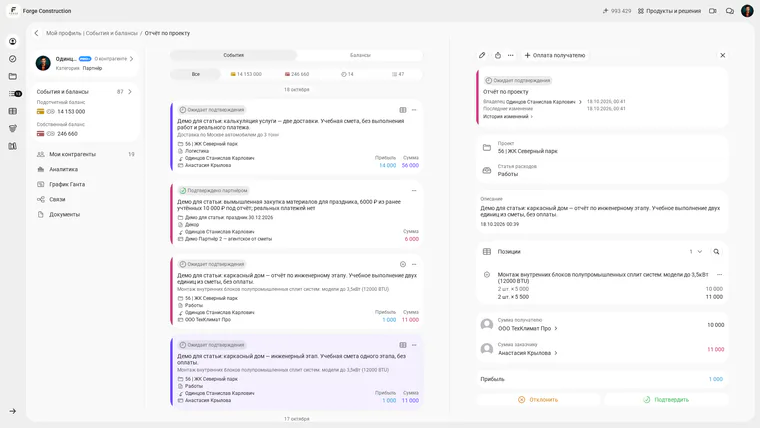 Russian-language 101 interface showing a saved practice report for one engineering stage, awaiting confirmation: one item, 2 units, totals of 10 000 and 11 000, and calculated profit of 1 000; no payment stated in the description.