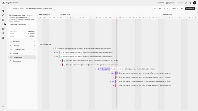 Russian 101 interface: the Gantt chart for project “56 | ЖК Северный парк”, with a demonstration electrical work estimate at 50% progress and a separate electrical work report on the timeline.