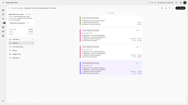 The demo project “Демо для статьи: капсульный ремонт” (“Article demo: compact renovation”) in the Russian interface of 101: receipts 45,000, expenses 62,100 and balance −17,100.